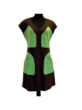 Emilio Pucci brown green short sleeve V-neck shift midi dress Sz 10